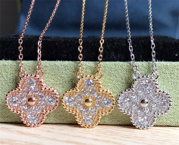 

sterling silver temperament fashion woman lucky full diamond clover clavicle chain lady pendant necklace