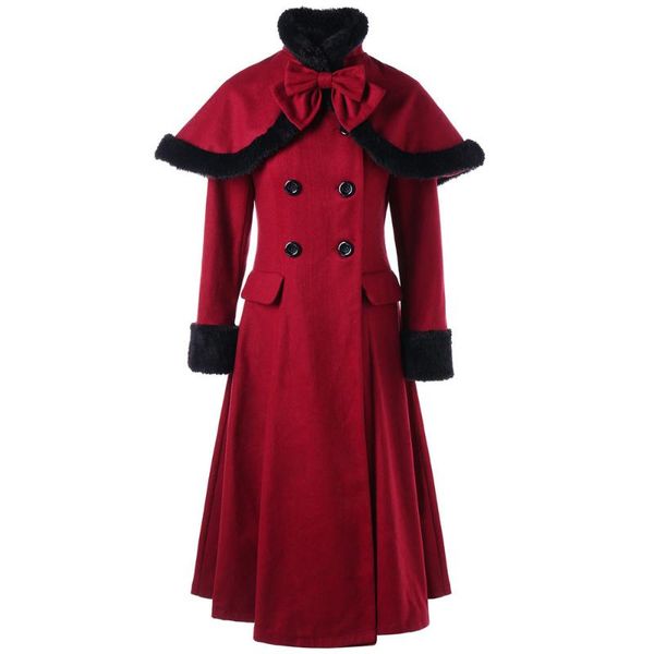 

autumn and winter 2020 europe and america large wool collar double row button woolen coat women gothic jacket dress, Black