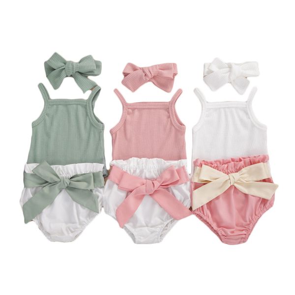 

infant newborn girls 3 pcs outfits solid sleeveless ribbed knit romper tank + bowknot pp shorts + bow headband 0-24m, White