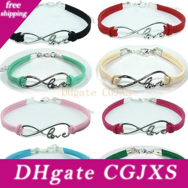 

infinity love charm bracelets silver number eight suede leather jewelry promotion gift for women girls fashion wrap metal alloy bangle pink, Golden;silver