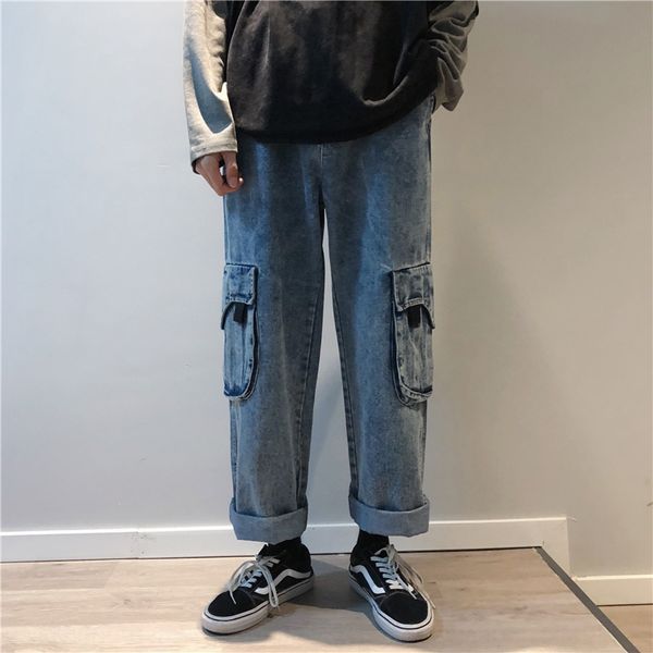 

весна и лето нового ulzzang джинсы мужских свободная случайное все соответствует прямому студенту карман незавершенность чувства джинсы широ, Blue