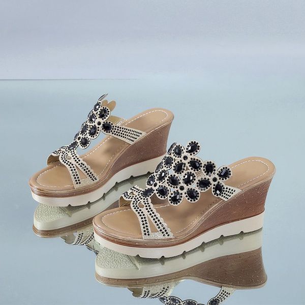 

women slippers crystal wedges slides for women high heels fashion summer beach shoes 2020 female platform sandalias new, Black