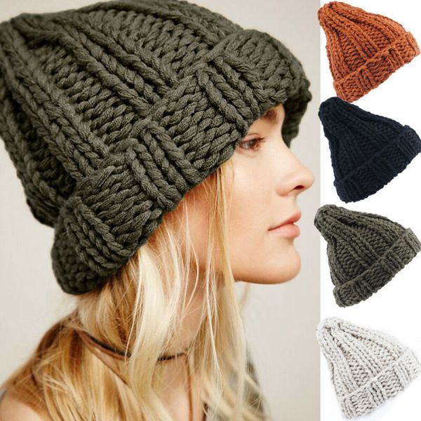

women thick crochet knitted ski beanie cap ladies baggy winter warm hats skullies, Blue;gray