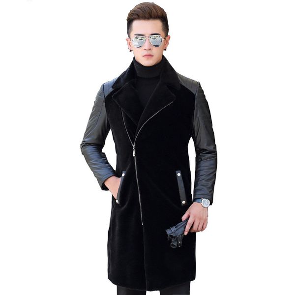 

sheep shearling fur coat genuine leather jacket men winter warm slim coat fashion wool jackets overcoat 16019 zl378, Black