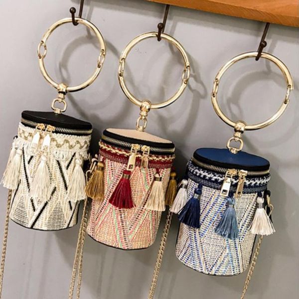 

luxury handbags women bags designer handbag straw women bags round tote bag hand metal ring tassel chain shoulder travel bag