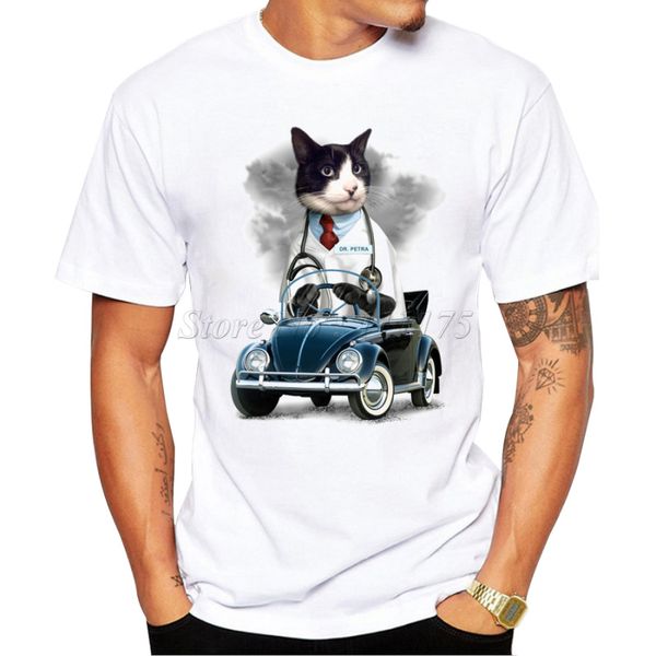 

2019 new arrivals funny doctor cat driving car design men's t shirt boy cool style casual t-shirt