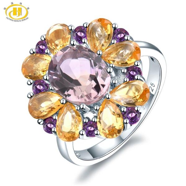 

hutang 925 silver ring with stone, gemstone ametrine citrine amethyst fine rings for women, jewelry for gift, Golden;silver