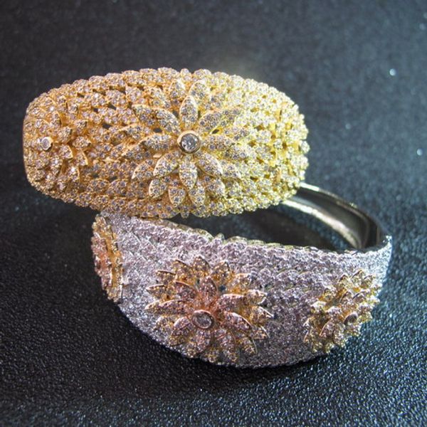 

wholesale designer cuff cubic zirconia paved flower bangle 18k gold plated bracelets for women or men, Black