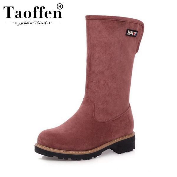 

boots taoffen 2021 women chunky heels casual mid calf round toe winter warm fur shoes snow footwear size 32-43, Black