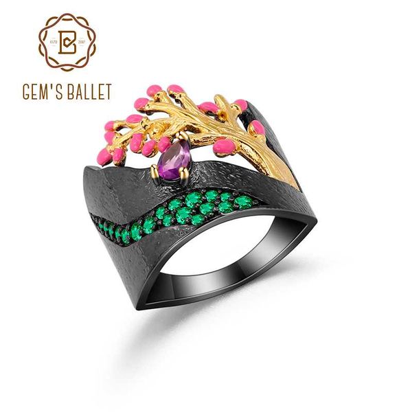 

gem's ballet 925 sterling silver enamel craft ring golden tree flowers stream natural amethyst ring for women mom fine jewelry, Golden;silver