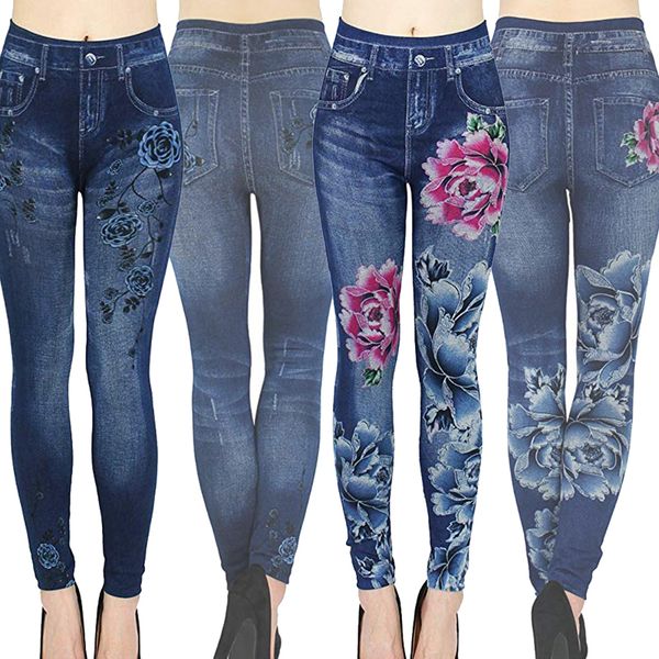 

women thermal leggings women faux denim jeans ladies seamless floral print full trousers plus size streetwear jean, White;red
