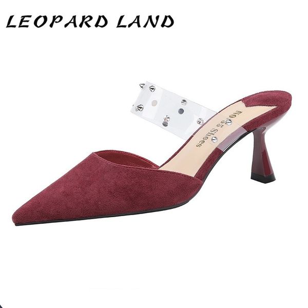 

leopard landfashion pointed toe low-cut high-heeled shoes riveting nail sandals transparent suede women's slippers lsj-1998-6, Black