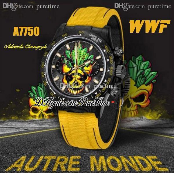 

new wwf cronusart x eta a7750 automatic chronograph mens watch diw black forged carbon skull dial yellow nylon strap edition puretime, Slivery;brown