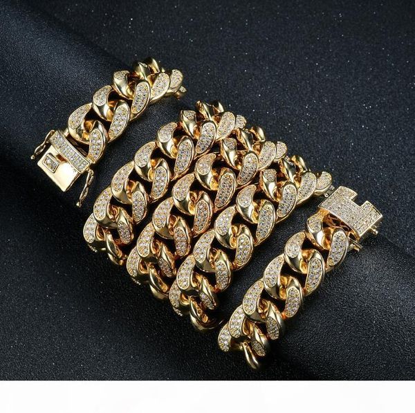 

2 rows cz stones 18mm miami lock clasp cuban necklace iced out cubic zircon cuban link chain hip hop jewelry for man necklaces, Silver