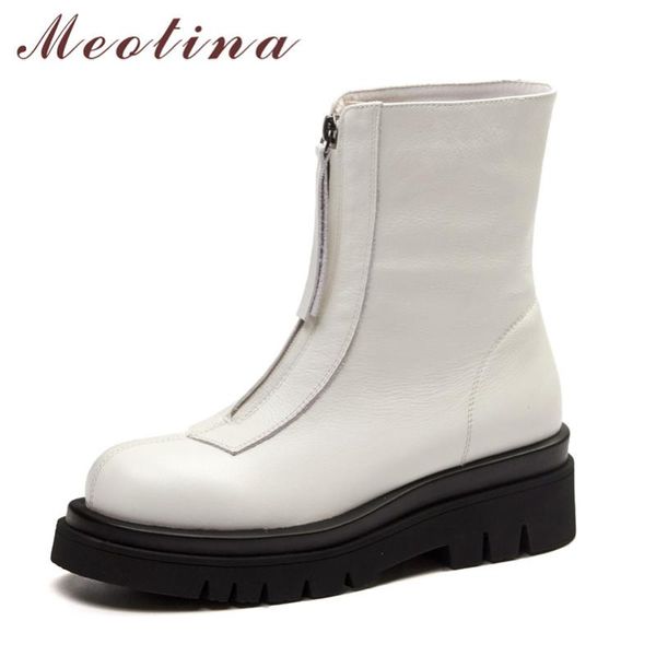 

boots meotina women short shoes genuine leather platform high heel ankle zip block heels female autumn winter white, Black