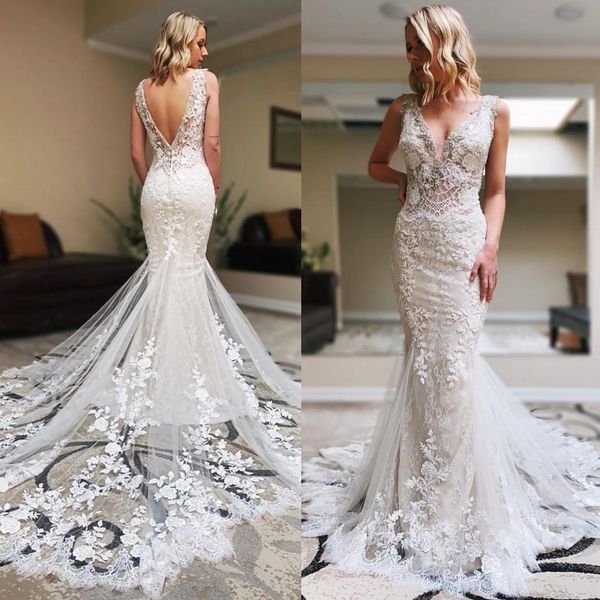 

vintage full lace mermaid beaded backless wedding dresses v neck sequined bridal gowns designer wedding wear robe de mariée, White