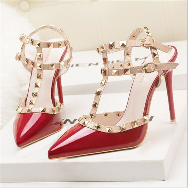 

2020 new 10cm pumps fashion rivet ladies pointed shallow mouth high heel single shoes womens summer new style sandals, Black