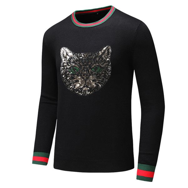 

winter warm sweater men brand creative sequins cat applique sweaters slim fit pullover men knitwear male ing, White;black