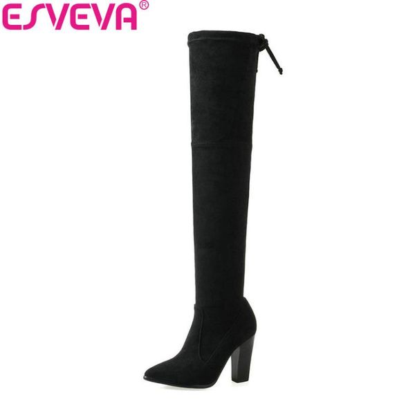 

esveva 2020 women boots concise over the knee boots western style pointed toe autumn and winter zipper ladies shoes size 34-39, Black