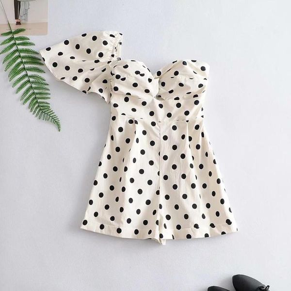 

new 2020 women single shoulder polka dots print chic playsuits female ruffles side zipper siamese back elastic rompers p805, Black;white