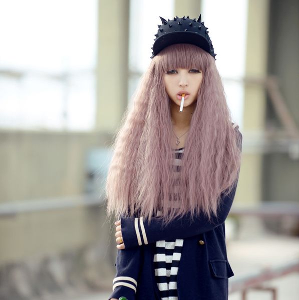 

high temperature silk fragrant taro color corn wig anime cos wig, Black
