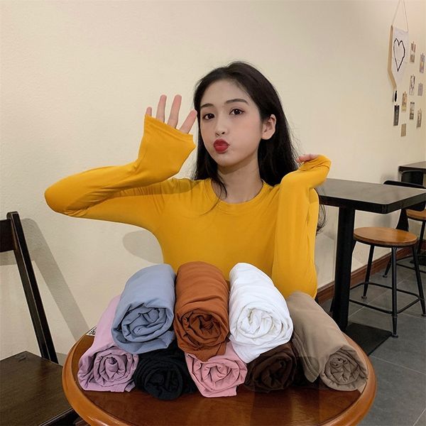 

2020 early autumn korean style simple solid color slim base all-match round neck long sleeve t- women's shirt t-shirt shirt n478d n4, White;black