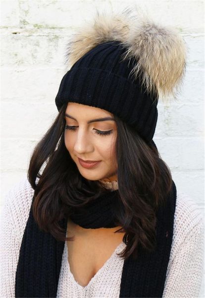 

selling explosions ladies knit double ball wool hat europe and america ladies winter warm hat fashion snow sports, Black;white