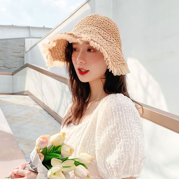 

new style fashion lace korean sunshade straw hat female summer sweet and cute strap fisherman hat bucket, Blue;gray