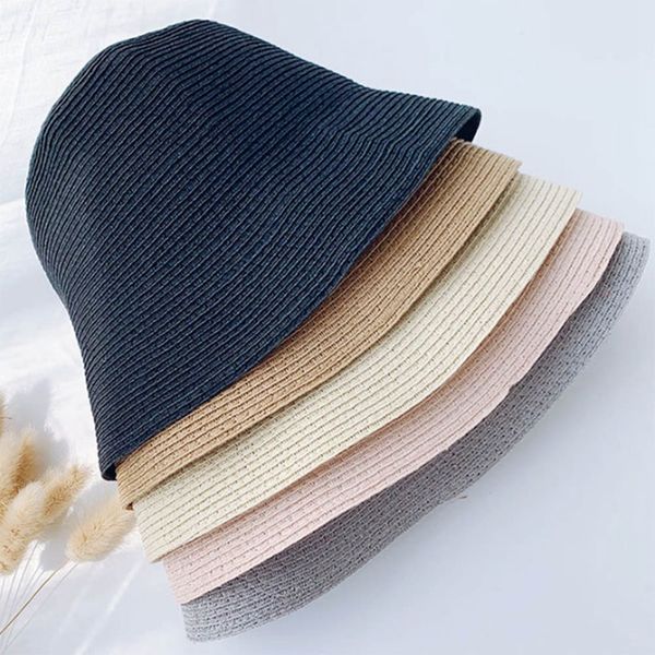 

boho beach holiday travel bucket cap women summer sun hat cloche straw hat elegant vintage solid floppy panama 2020 fashion, Blue;gray