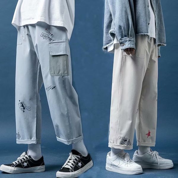 

mens wide leg casual pants summer thin section trendy overalls ins loose nine point straight leg pants korean trend, Black