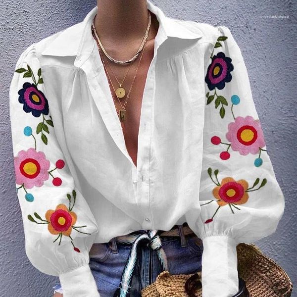 

women shirts casual mature ladies clothing embroidery floral v-neck womens blouses spring autumn lantern sleeve, White