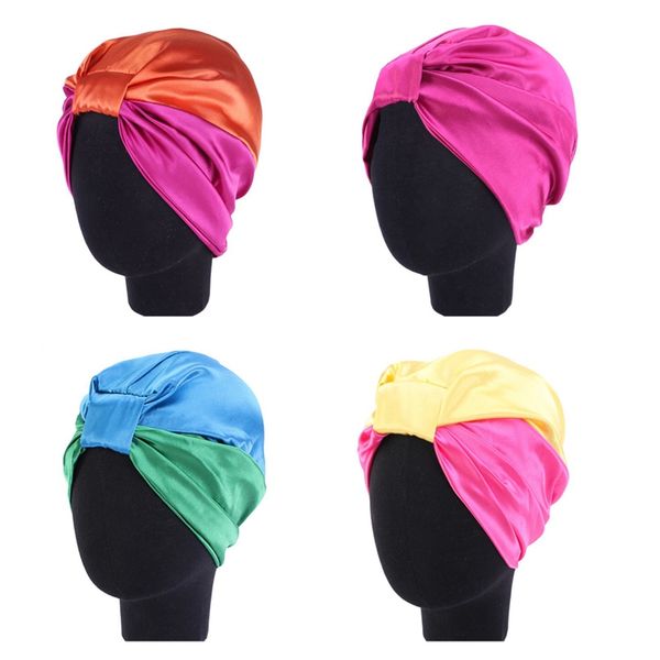 

contrast color imitation silk night hat for natural curly hair double elastic bathing sleep women head cover wrap hat, Blue;gray