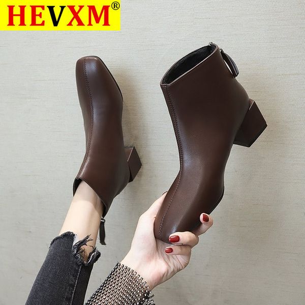 

2020 5cm ankle boots for women square toe fashion shoes plush warm winter short boots zipper square heels comfortable lady shoes, Black
