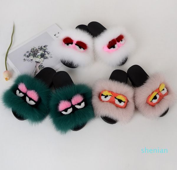 

2020 mixed fashion summer gliders women carton fur slippers real fox fur sneakers new sponge skin, Black