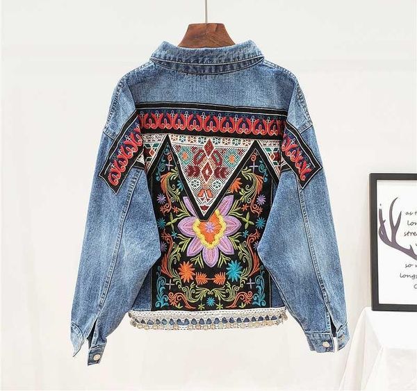 

vintage jeans jacket coat women handwork beading embroidery flowers loose short denim jacket female long sleeve outwear, Black;brown