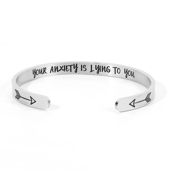 

wholesale stainless steel bracelet "your anxiety is lying to you" bracelet arrow cuff opening female jewelry, Black