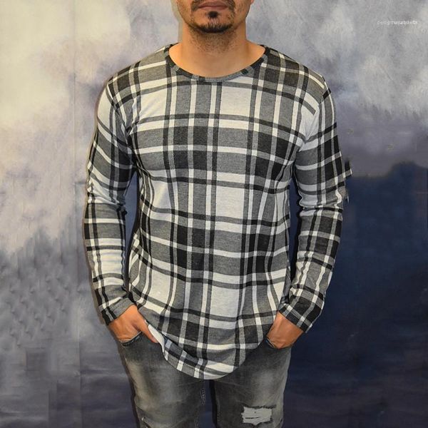 

fashion mens plaid tshirt spring autumn long sleeve crew neck tees casual slim homme tees, White;black