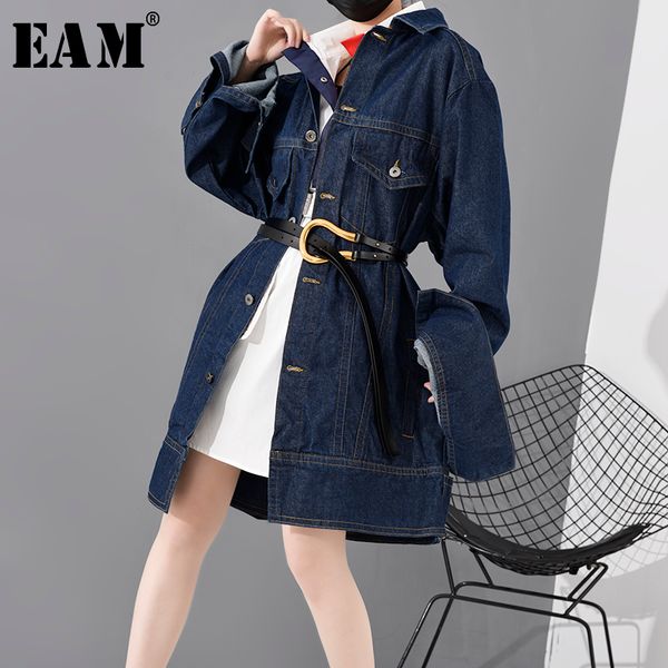 

eam] loose fit single breasted blue dneim big size long jacket new lapel long sleeve women coat fashion tide spring 2020 a630, Black;brown