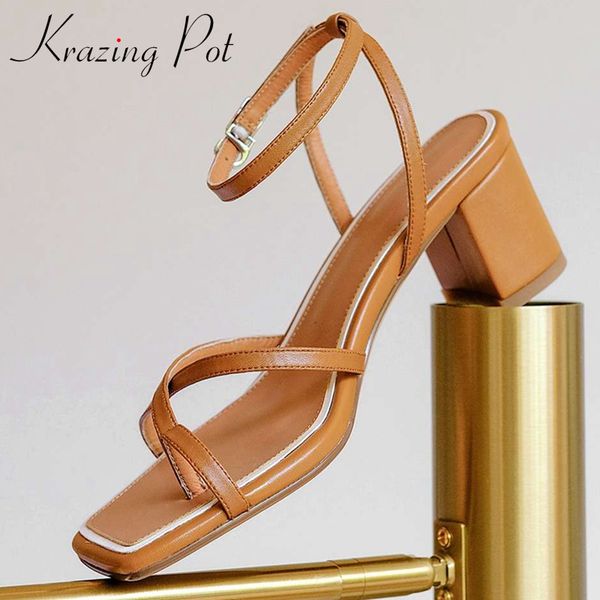 

krazing pot handmade full grain leather flip-flop high heels brand shoes european design beauty lady dating sandals women l56, Black