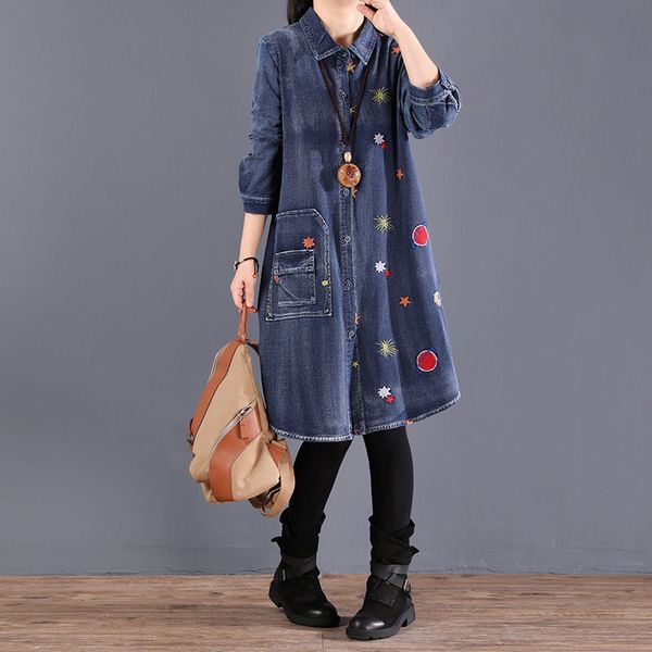 

women's trench coats autumn 2021 spring denim shirt dress women loose large size embroidery lapel windbreaker jacket jeans k399, Tan;black