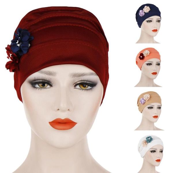 

women muslim flower turban hat elastic summer baggy beanie casual wrap cap pleated bonnet skullies chemo cap hair loss casual, Blue;gray
