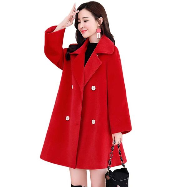 

high-quality women woolen coats new autumn winter jacket solid double-breasted wool coat large size with belt women clothes y188, Black