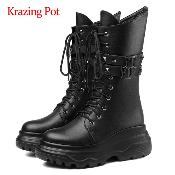 

krazing pot winter new boots real leather buckle decorations cross-tied round toe high square heel zipper mid-calf boots l12, Black