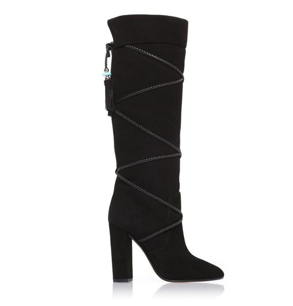 

stunning2020 national style tassel boots black brown handmade knee-high heel root