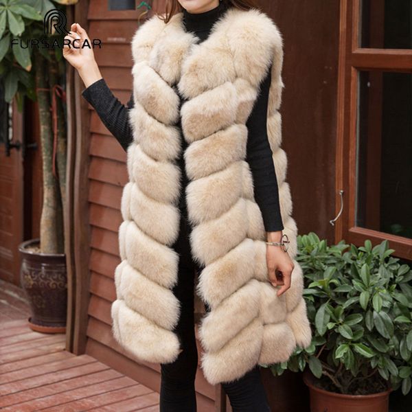 FURSARCAR Frauen 90 cm Lange Echt Fox Pelz Weste Mode Luxus Weibliche Fuchs Pelz Gilet Herbst Winter Natürliche Pelz Dicke warme Mantel Veste T200831