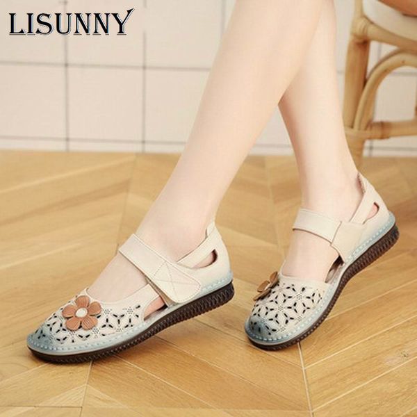 

lisunny new mother shoes hollow genuine leather breathable soft flat sandal summer women shoes woman casual solid ladies sandals, Black