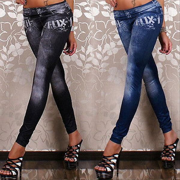 

fashion women skinny pants faux jean leggings stretchy slim winter leggings pencil pants trousers, Black