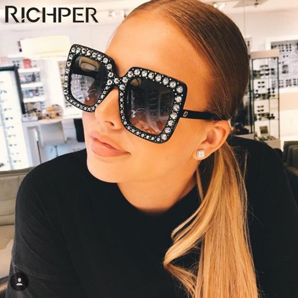 

sunglasses richper vintage oversize woman rhinestone crystal big frame sqaure glasses for women eyewear shades uv gafas de sol, White;black