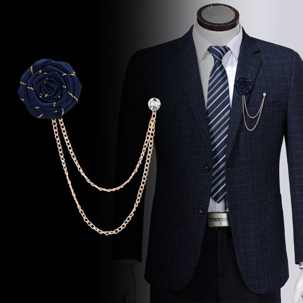 

fabric flower rose brooches pins metal chain tassel men's suit collar lapel pin men women korean wedding banquet fashion jewelry, Gray