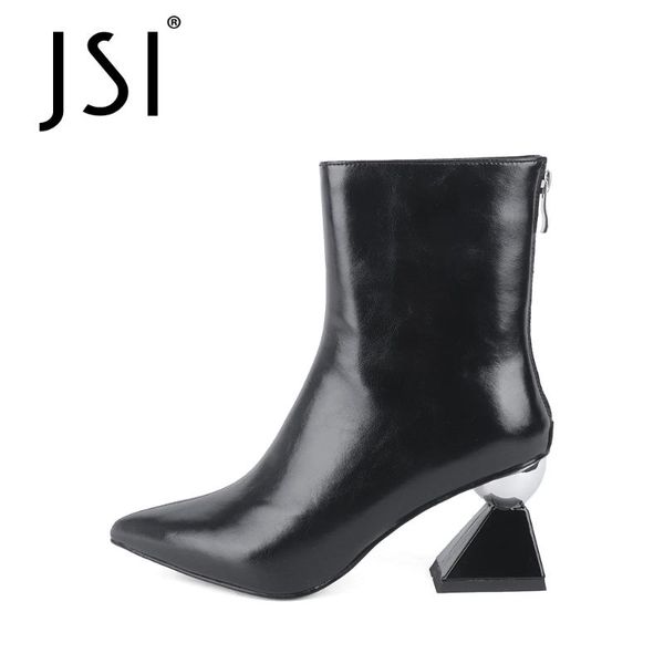 

jsi mid-calf winter boots woman genuine leather solid pointed toe boots ladies strange high heel female mid-calf jc773, Black